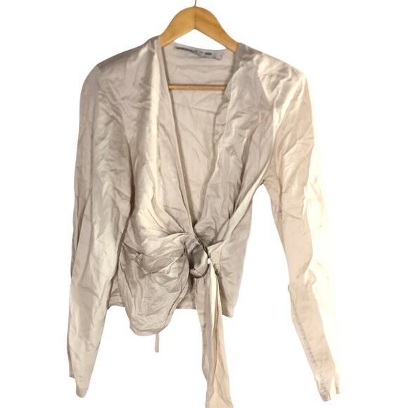 IRO Hazal Top Satin Long Sleeve V-Neck Gathered Wrap Front Blouse Off-White S - Picture 4 of 9